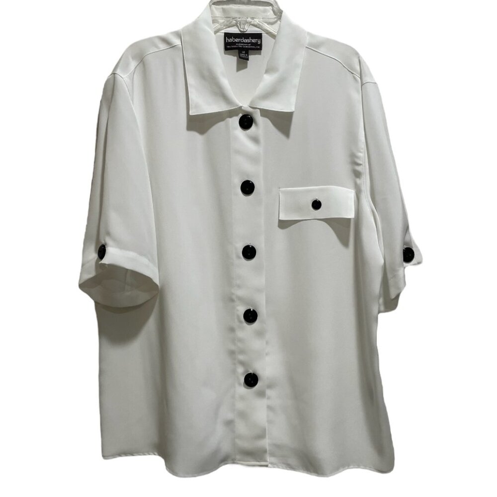 Haberdashery White Contrast Black Button Up Front Collared Blouse S/S Size 14